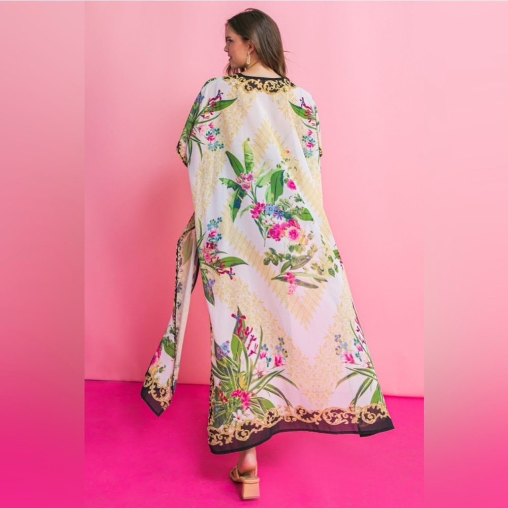 Boho Floral Long Kimono | Tropical Maxi Duster Jacket | Cream Beach Cover-Up - Picture 1 of 5